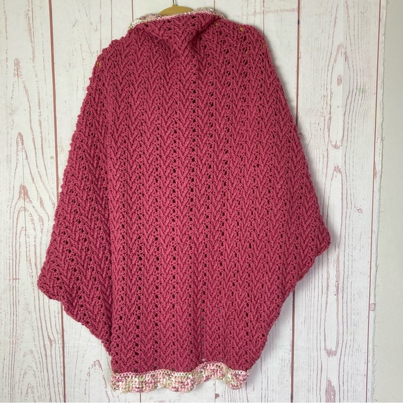 Crocheted Cardigan Sweater One Size Pink Button Handmade Batwing Sleeve Poncho - Picture 3 of 5